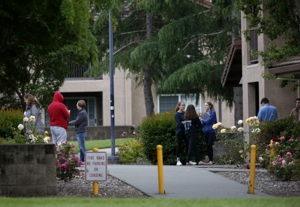 Students and staff gather as Cotati police officers investigate the scene of a fatal stabbing in the Alicante housing area of Sauvignon Village on the Sonoma State University campus on Sunday, May 13, 2018 in Rohnert Park, California . (BETH SCHLANKER/The Press Democrat)