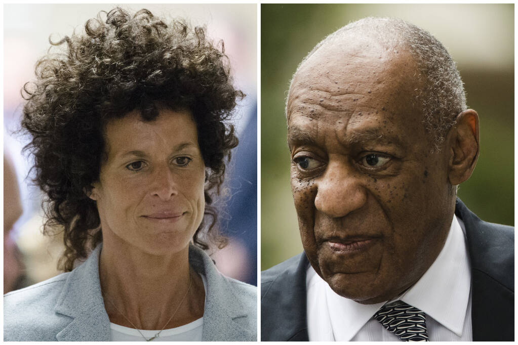 FILE – This photo combination shows Andrea Constand, left, walking to the courtroom during Bill Cosby's sexual assault trial on June 6, 2017, at the Montgomery County Courthouse in Norristown, Pa. and Bill Cosby, right, arriving for his sexual assault trial on June 16, 2017, at the Montgomery County Courthouse in Norristown, Pa.  (AP Photo/Matt Rourke, File)