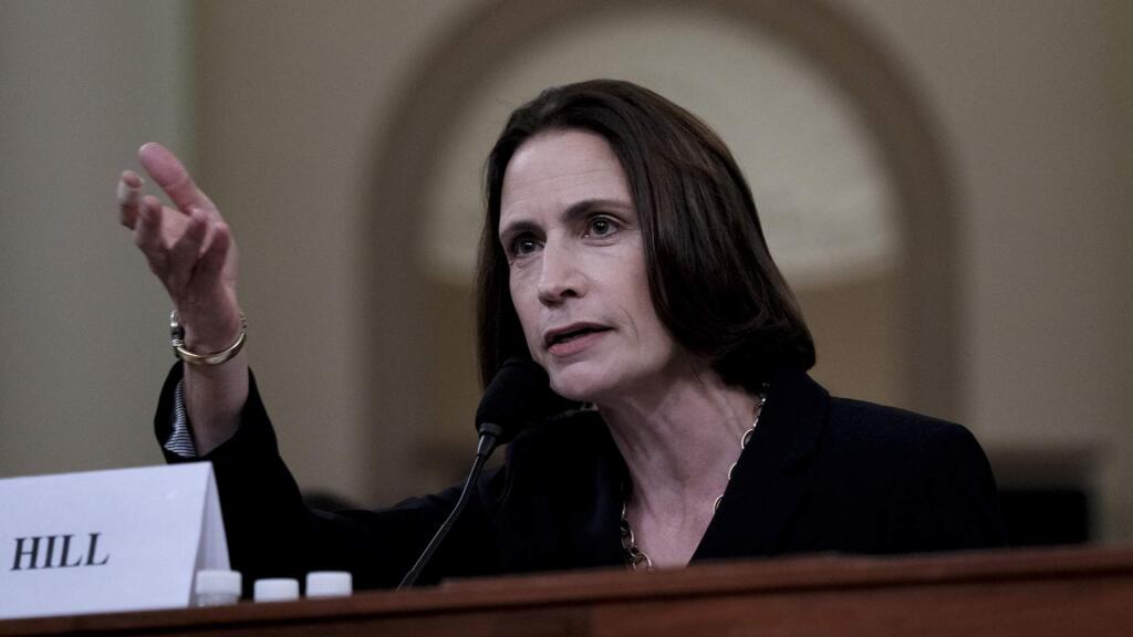 Fiona Hill, who served as the Trump administration's top adviser on Russia for much of the past two years, testifies Thursday on Capitol Hill. (BONNIE JO MOUNT / Washington Post)