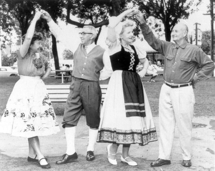 The Petaluma International Folk Dancers practice a routine for the Old Adobe Days Fiesta in Petaluma in 1963. (Courtesy of the Sonoma County Library)