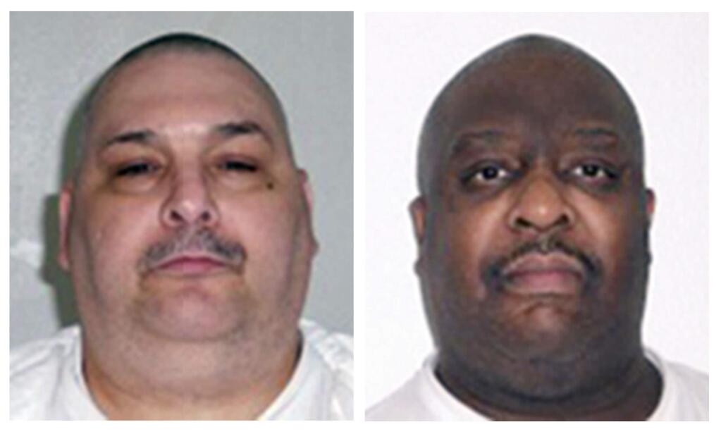 FILE - This combination of undated file photos provided by the Arkansas Department of Correction shows death-row inmates Jack Jones, left, and Marcel Williams. The two Arkansas inmates scheduled to be put to death Monday, April 24, 2017, in what could be the nation's first double execution in more than 16 years have asked an appeals court to halt their lethal injections because of poor health. (Arkansas Department of Correction via AP, File)