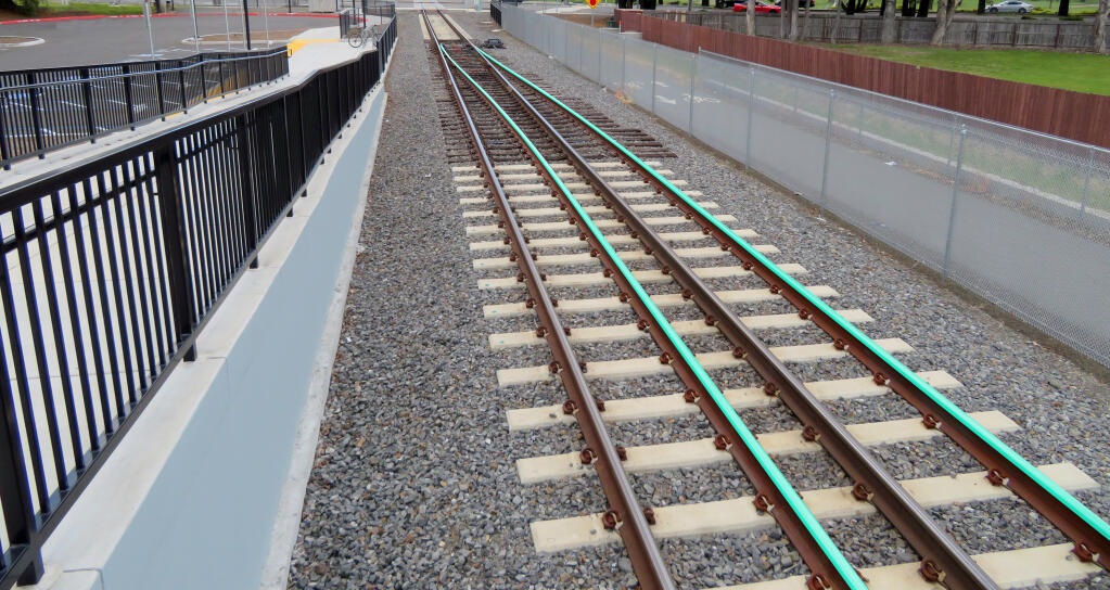 Gauntlet tracks such as these from the Rohnert Park station, which are highlighted, will be installed at the Petaluma North station on March 23 to 24, 2024, causing changes to normal service. (Photo courtesy of Sonoma-Marin Area Rail Transit)
