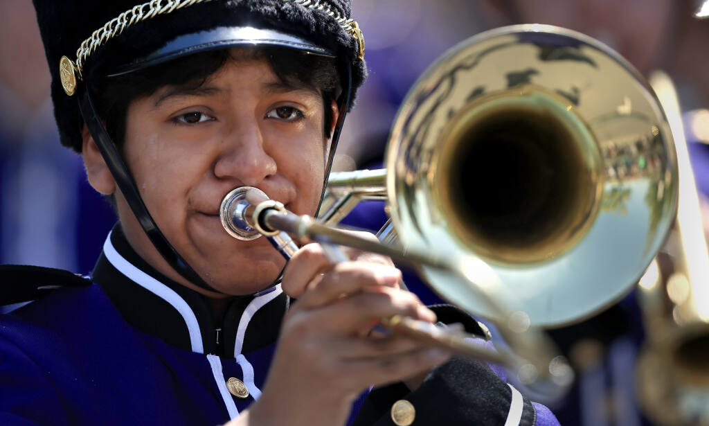 A member of the Petaluma High School marching band, during the Butter and Egg Day's Parade, Saturday, April 23, 2022 in Petaluma. (Kent Porter / The Press Democrat) 2022