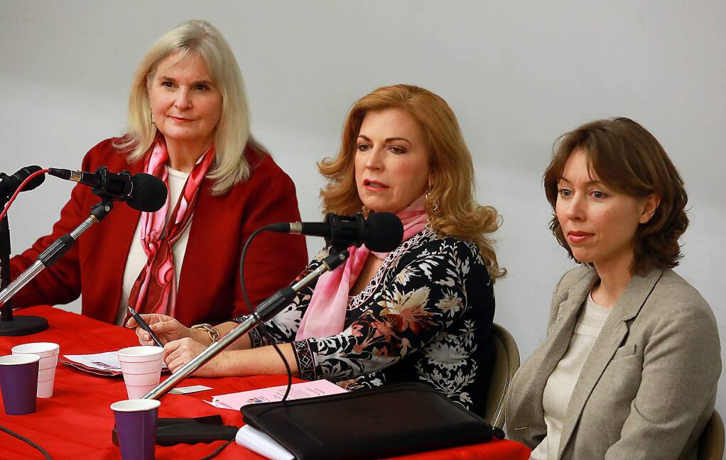 From left, Sonoma County Supervisors Susan Gorin, Shirlee Zane and Lynda Hopkins spoke about becoming the board's first female majority at a forum sponsored by KBBF 89.1FM in collaboration with Sonoma County Chapter of the National Organization for Women and radio program Womenâs Spaces in Santa Rosa on Wednesday, March 22, 2017. (John Burgess/The Press Democrat)