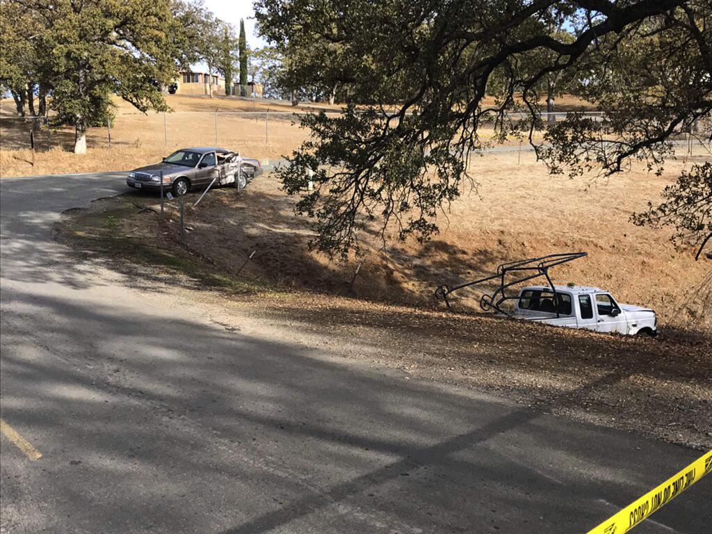 This is one of seven crime scenes in the mass shooting in Rancho Tehama near Red Bluff, California, on Tuesday, Nov. 14, 2017. Tehama County Assistant Sheriff Phil Johnston says investigators are trying to determine a motive in the shootings Tuesday in the small community of Tehama Ranch Reserve. (Jim Schultz/The Record Searchlight via AP)