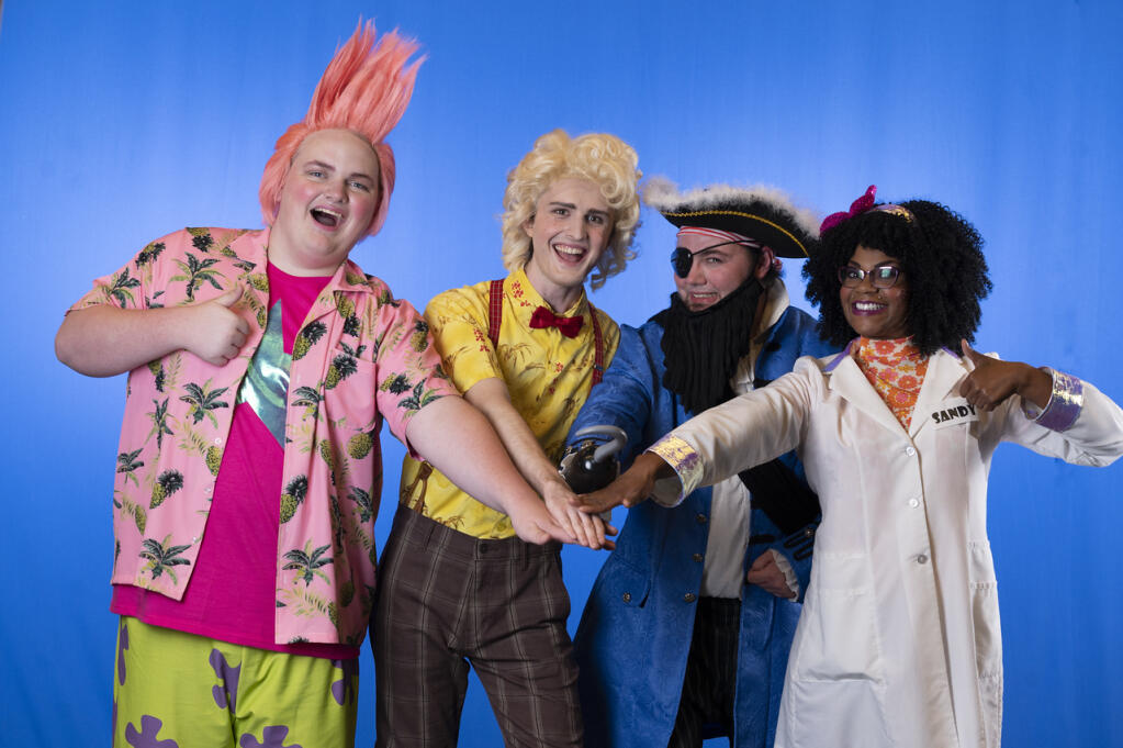 “The SpongeBob Musical,” opening Nov. 18 at the Burbank Auditorium main stage at Santa Rosa Junior College, features, from left, Aiden Pryor as Patrick Star, Samuel J. Gleason at SpongeBob SquarePants, Andy Templeton as Patchy the Pirate and Phoebe Pruitt as Sandy Cheeks. (Thomas Chown)