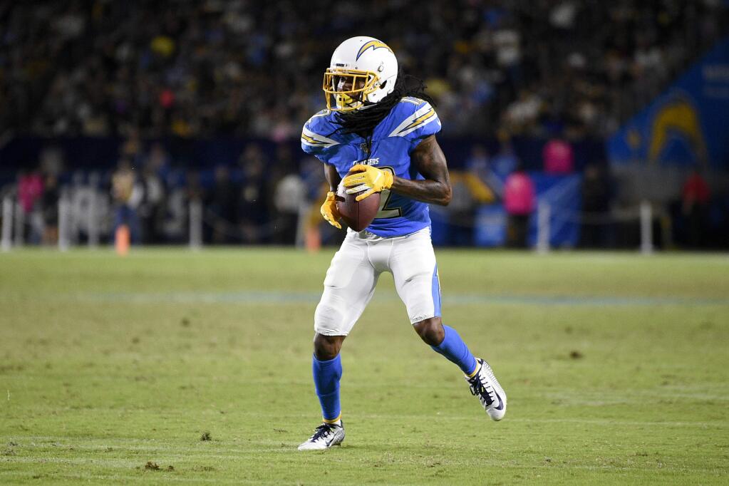 Then-Los Angeles Chargers wide receiver Travis Benjamin in action during the second half against the Pittsburgh Steelers in Carson, Sunday, Oct. 13, 2019. (AP Photo/Kelvin Kuo)