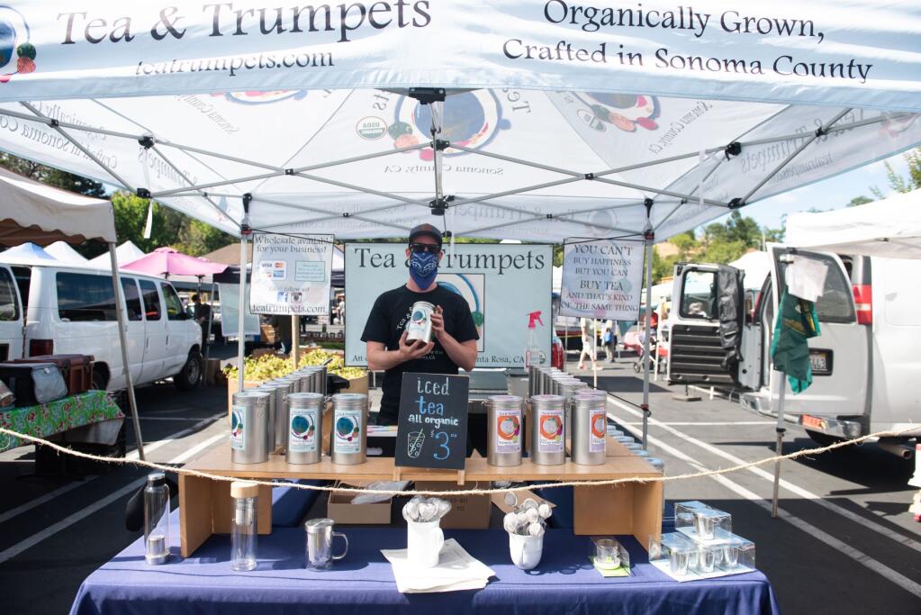 The Petaluma Farmers Market has everything needed for safe-tea, friendship and more. Just ask our Petaluma columnist, Katie Watts. Photo provided.