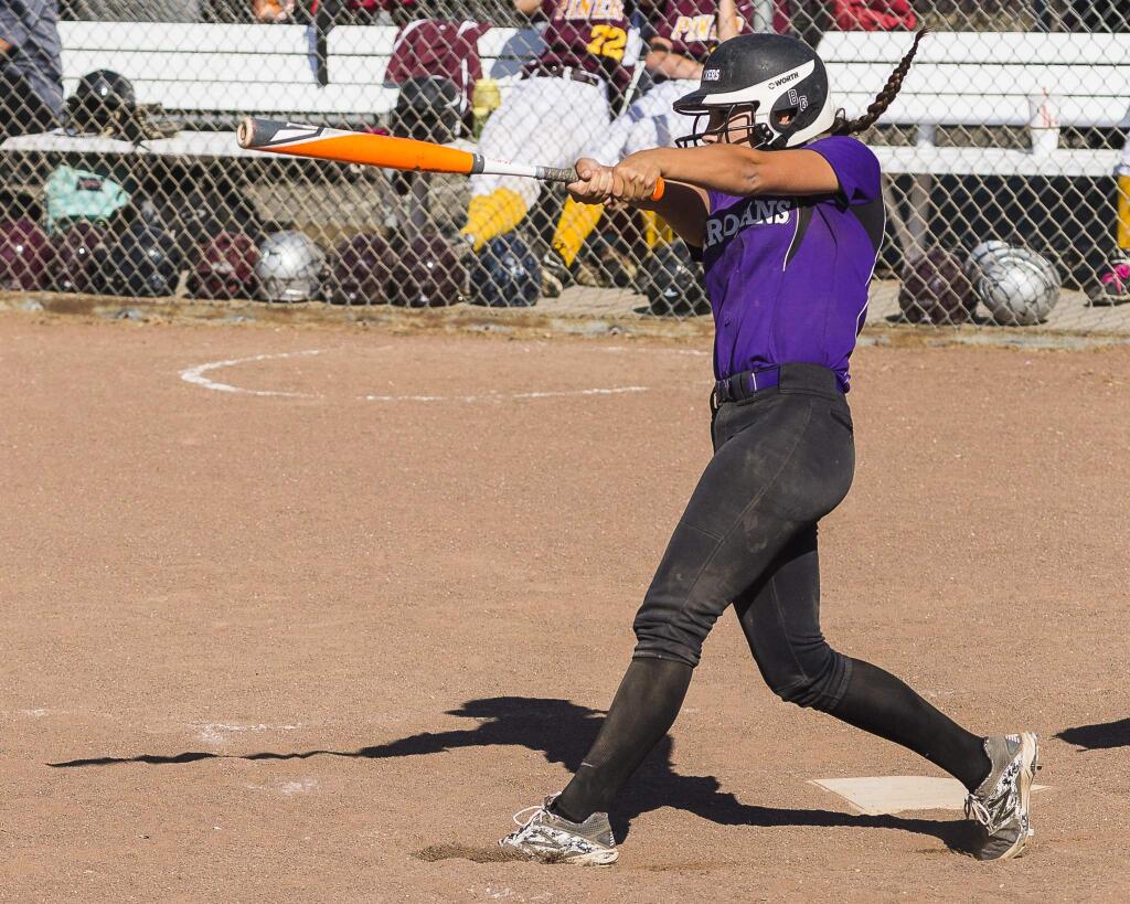 RICH LANGDON/FOR THE ARGUS-COURIERBrie Gerhardt connects for a grand slam home run in Petaluma's win over Piner in the first round of the SCL Tournament.