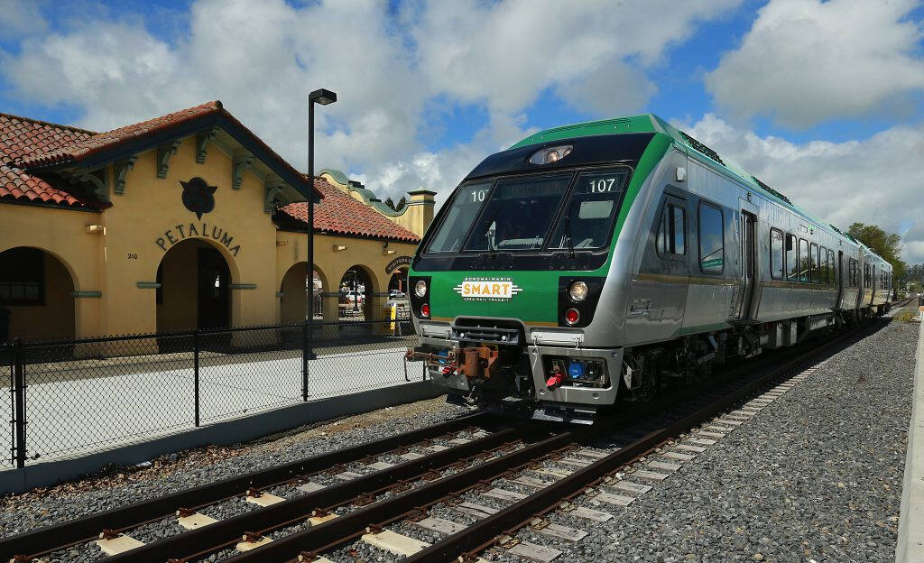 A Sonoma-Marin Area Rail Transit train pulls into the Petaluma station. (John Burgess / The Press Democrat)