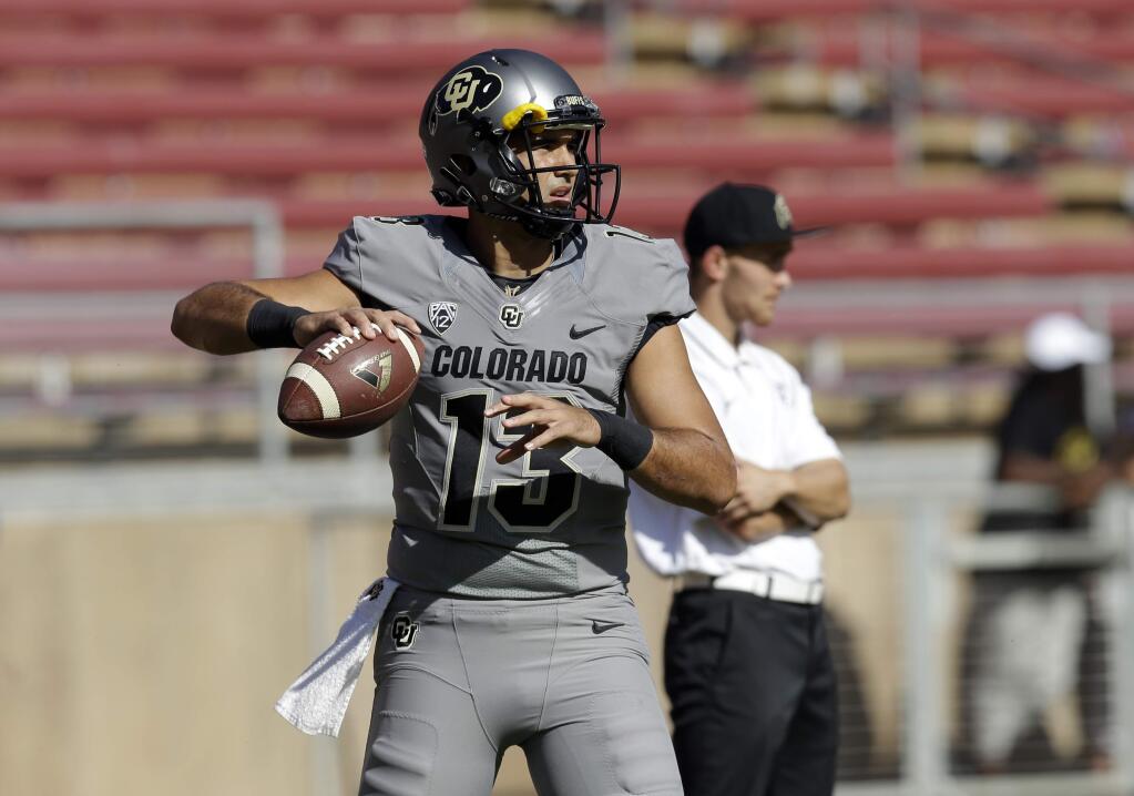 Colorado quarterback Sefo Liufau warms up before the NCAA college football game against Stanford, Saturday, Oct. 22, 2016, in Stanford, Calif. (AP Photo/Ben Margot)
