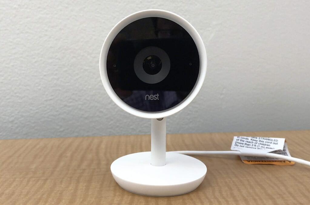 FILE- This July 25, 2017, file frame grab from video shows the Nest Cam IQ camera. Google's voice-activated assistant is branching out to Nest's deluxe security camera. The virtual assistant is being offered to owners of the Nest Cam IQ in a free update rolling out Wednesday, Feb. 21, 2018. (AP Photo/Ryan Nakashima, File)