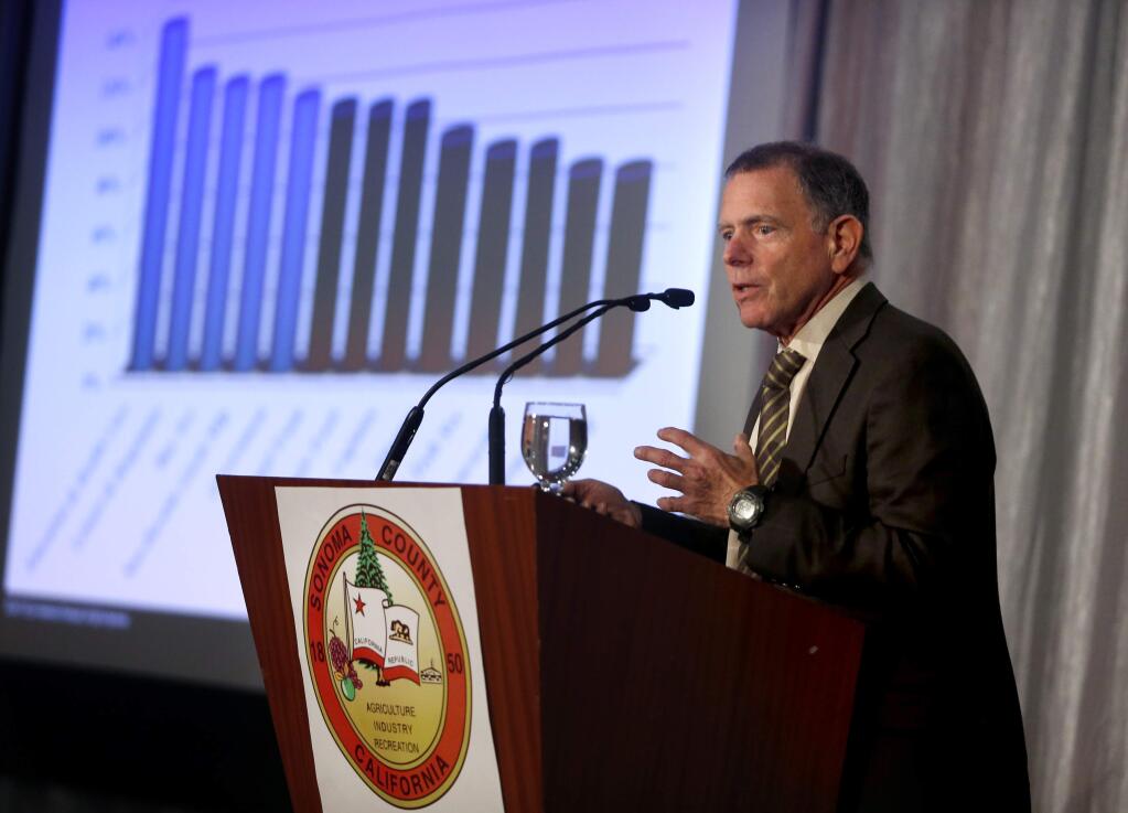 Jerry Nickelsburg a senior economist with the UCLA Anderson Forecast speaks during the State of the County breakfast at the DoubleTree by Hilton Hotel Sonoma Wine Country hotel in Rohnert Park , on Thursday, January 12, 2017. (BETH SCHLANKER/ The Press Democrat)