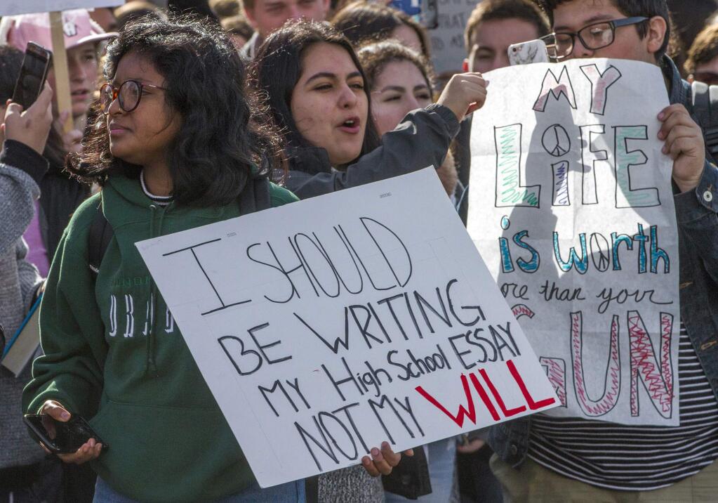 Students from Sonoma Valley High School walked out of their classes on May 14, 2018, to protest gun violence, remember the victims of the Parkland, Florida, school shooting, and insist on tougher gun laws. (Photo by Robbi Pengelly/Index-Tribune)