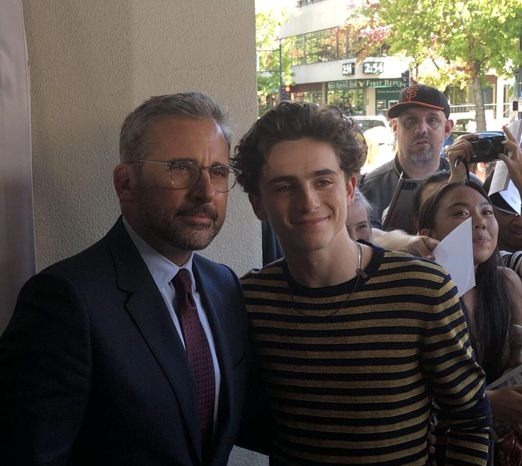 BEAUTIFUL BOY - Steve Carell (left) and TimothÈe Chalamet at the Mill Valley Film Festival (PHOTO BY DAVID TEMPLETON)
