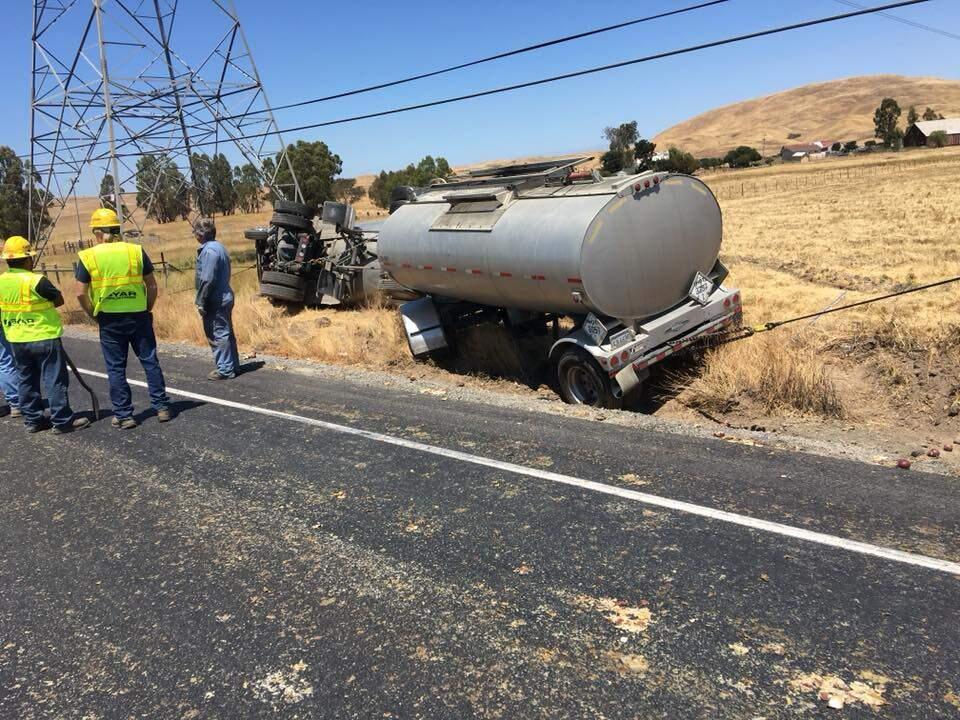 A three-vehicle crash involving two semi trucks and an SUV caused the closure of Lakeville Highway south of Petaluma around noon on Wednesday, Aug. 1, 2018. (SONOMA COUNTY SHERIFF'S OFFICE)
