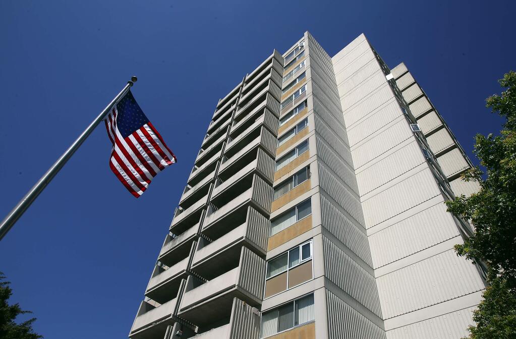 A bill that would have helped speed up housing development in downtown Santa Rosa has stalled. The effort, if it had succeeded, would have allowed the city to waive a full environmental review to raise height limits past ten stories to build others like this 14-story tower downtown. (John Burgess / The Press Democrat, 2012)