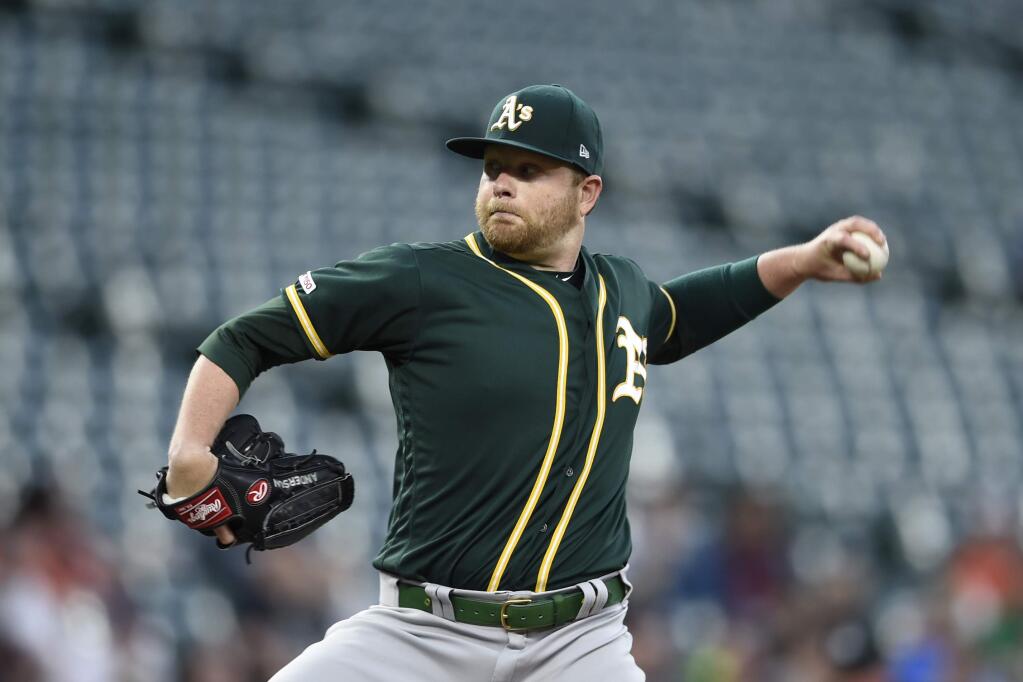 Oakland Athletics pitcher Brett Anderson delivers against the Baltimore Orioles in the first inning of a baseball game, Tuesday, April 9, 2019, in Baltimore. (AP Photo/Gail Burton)