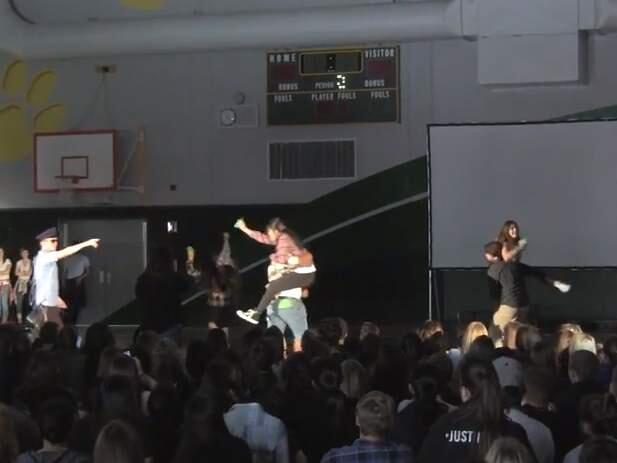 A screenshot from a video of the pep rally skit at Maria Carrillo High School. (WWW.YOUTUBE.COM)