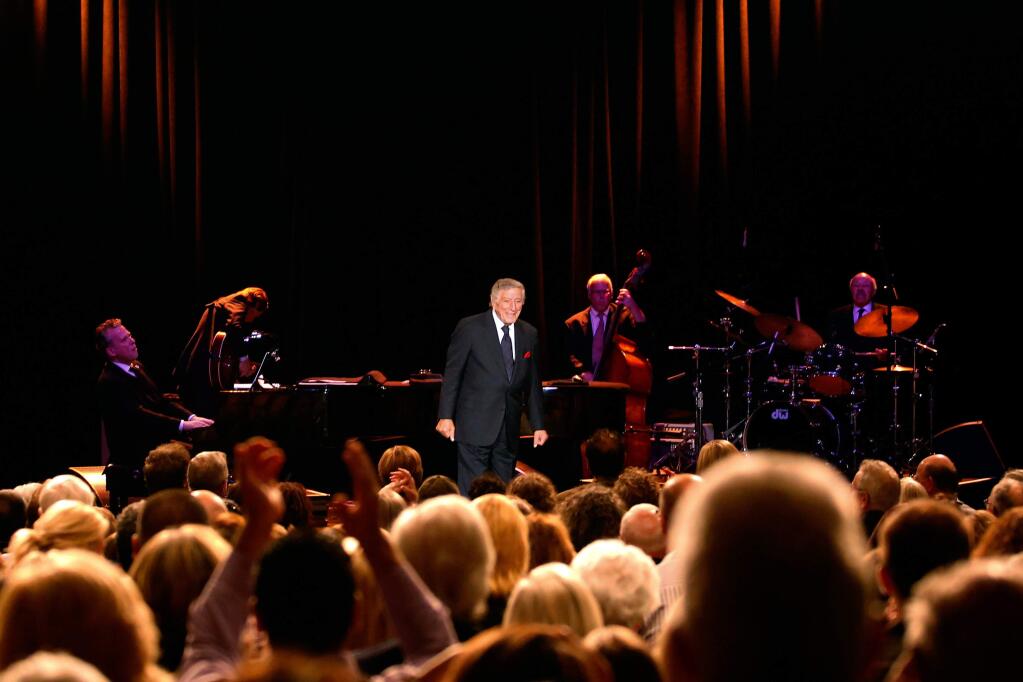 Tony Bennett arrives at center stage to a standing ovation before his performance at Luther Burbank Center for the Arts in Santa Rosa, California on Wednesday, November 2, 2016. (Alvin Jornada / The Press Democrat)
