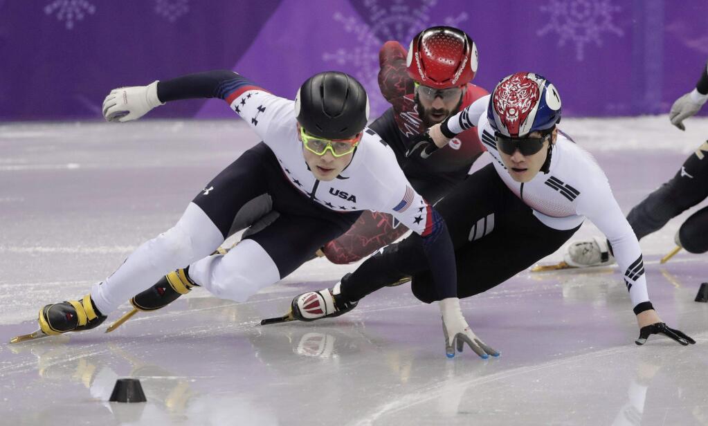 John-Henry Krueger of the United States leads the field during their men's 1000 meters short track speedskating semifinal in the Gangneung Ice Arena at the 2018 Winter Olympics in Gangneung, South Korea, Saturday, Feb. 17, 2018. (AP Photo/Julie Jacobson)