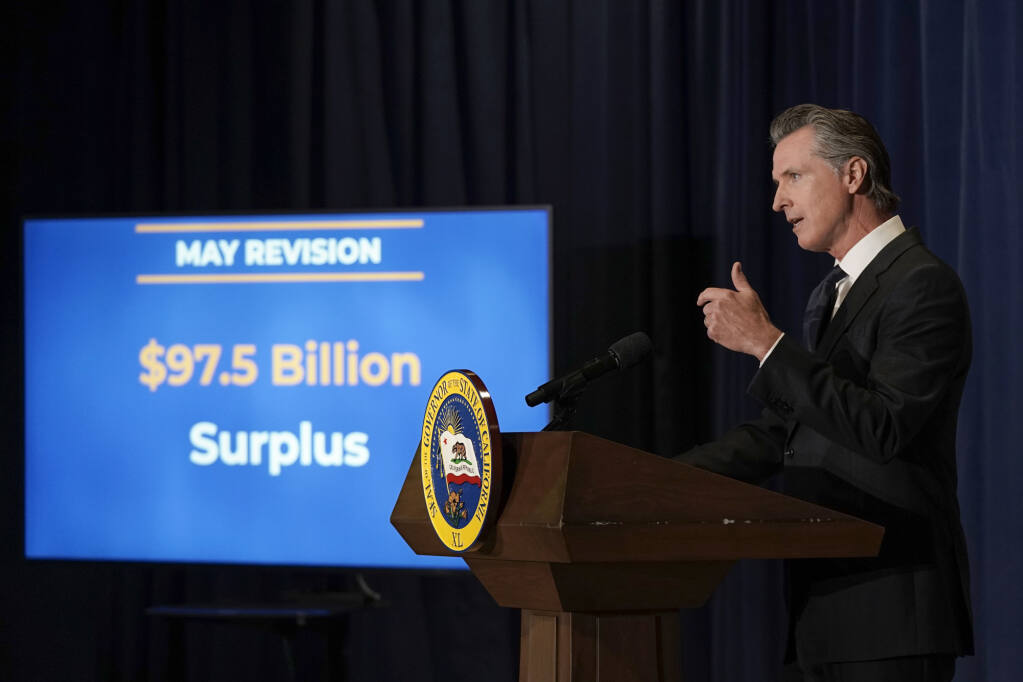 California Gov. Gavin Newsom unveils his 2022-23 state budget revision during a press conference in Sacramento on May 13, 2022. Photo by Rich Pedroncelli, AP Photo