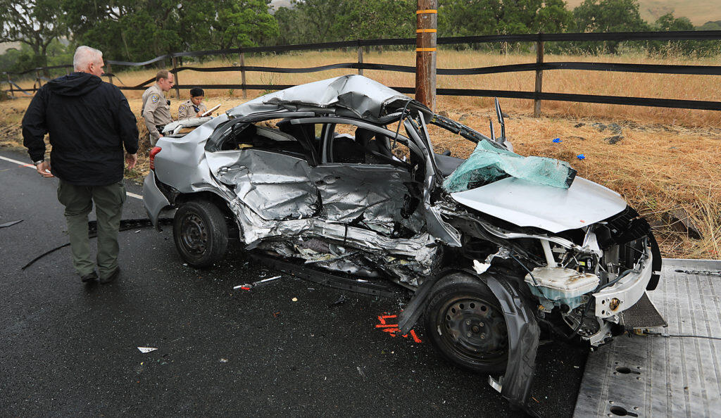 California Highway Patrol officers investigate the scene of a fatal accident on Bennett Valley Road close to Matanzas Creek Winery near Santa Rosa, Friday May 25, 2018. (Kent Porter / The Press Democrat) 2018