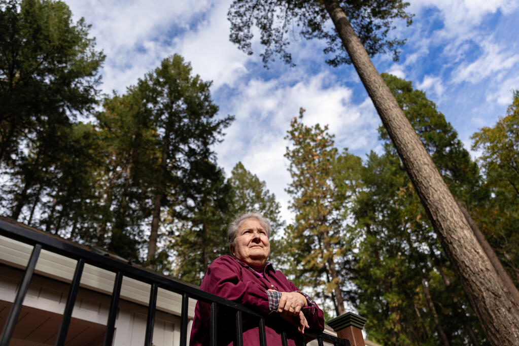 Donna Yutzy outside her home in Magalia on Nov. 4, 2023. Photo by Manuel Orbegozo for CalMatters