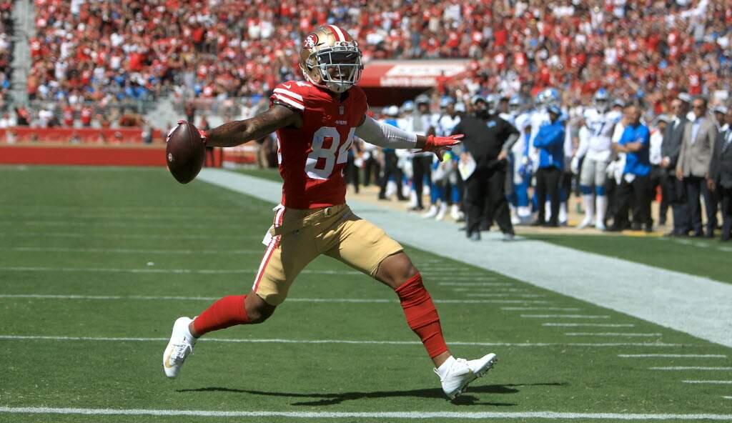 Kendrick Bourne will be a restricted free agent in March, but the 49ers can match any contract offer he receives from another team. Bourne led the team with six touchdown catches. (KENT PORTER / THE PRESS DEMOCRAT, 2019)