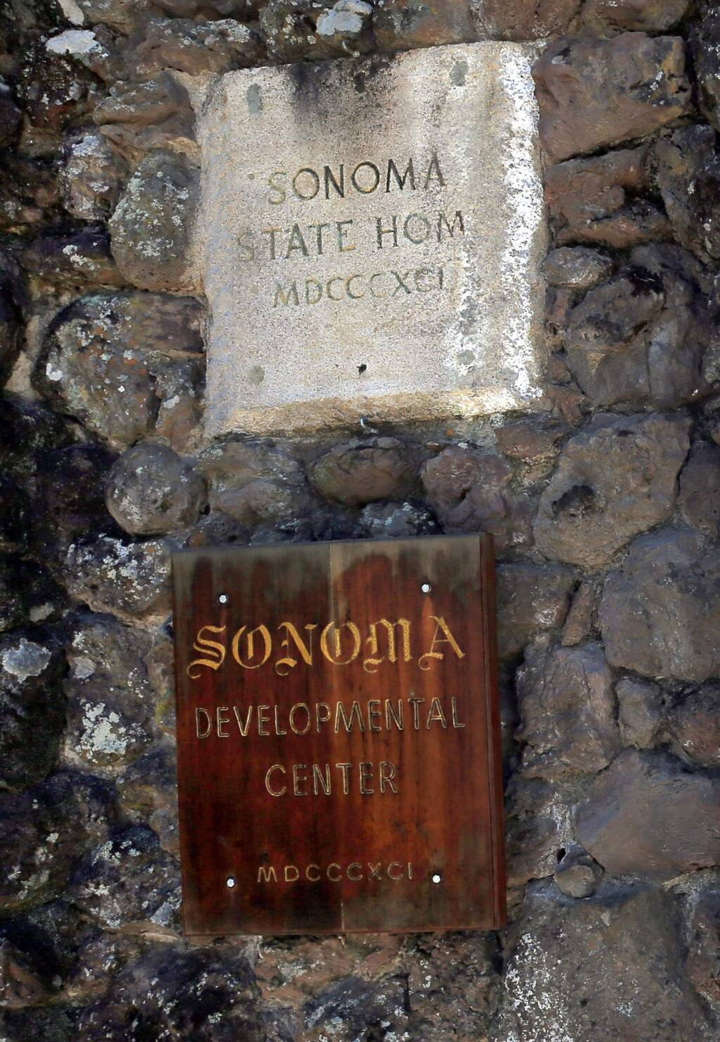 Name plates at the entrance of the the Somoma Developmental Center, Tuesday May 23, 2017. Located in Glen Ellen, the facility is scheduled to close by the end of 2018. $2.1 million will be used in a study to assess the condition of the facility. Many of the buildings are deteriorating with age and may need to be demolished, excluding the historic structures. (Kent Porter / Press Democrat) 2017
