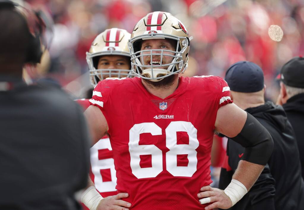 San Francisco 49ers offensive guard Mike Person during the first half of an NFL football game against the Denver Broncos Sunday, Dec. 9, 2018, in Santa Clara, Calif. (AP Photo/Josie Lepe)