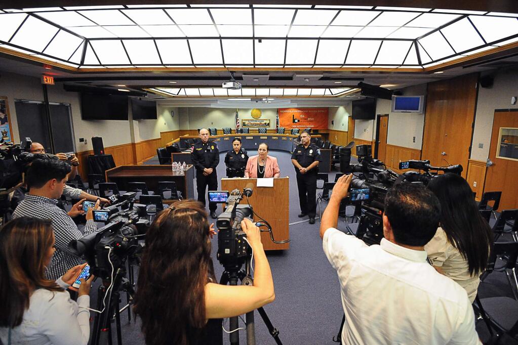 Brownsville Independent School District superintendent Esperanza Zendejas delivers comments Tuesday, Oct. 4, 2016, during a media conference in Brownsville, Texas. Zendejas addressed recent threat-like hoaxes made against local schools, stating that one student has been arrested and an investigation is to proceed to determine if others were involved. (Jason Hoekema/The Brownsville Herald via AP)