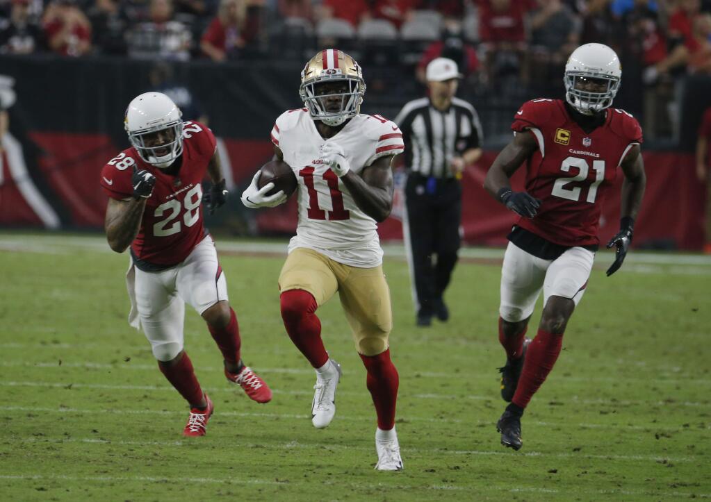 San Francisco 49ers wide receiver Marquise Goodwin runs during a game against the Arizona Cardinals, Sunday, Oct. 28, 2018, in Glendale, Ariz. (AP Photo/Rick Scuteri)