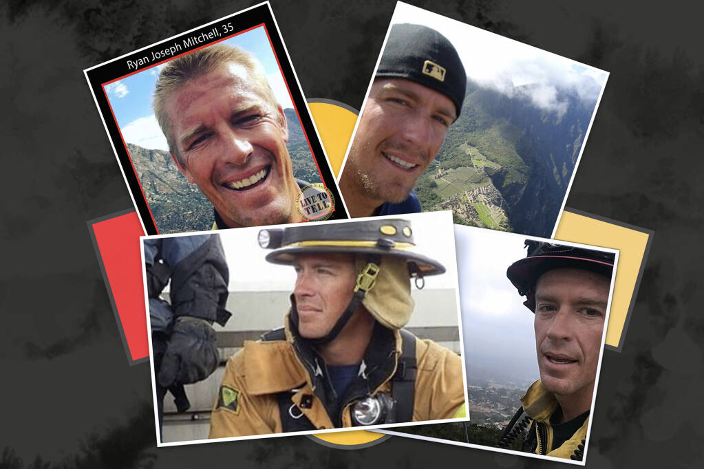 Ryan Mitchell fought fires for Cal Fire for 12 years, rising to the rank of captain, before shocking everyone by jumping off a bridge in a remote part of San Diego County. Illustration by Miguel Gutierrez Jr., CalMatters; iStock