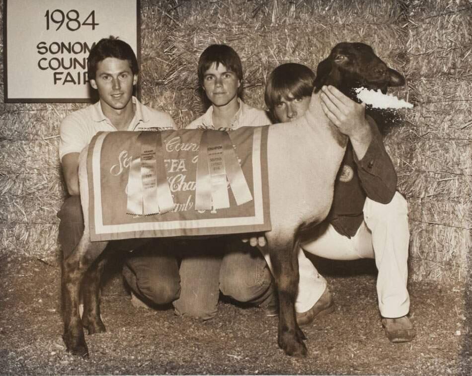 The FFA Grand Champion Market Suffolk lamb at the Sonoma County Fair in Santa Rosa in 1984. From left to right: Terry Lindley and two unidentified young men. (Courtesy of the Sonoma County Heritage Collection)
