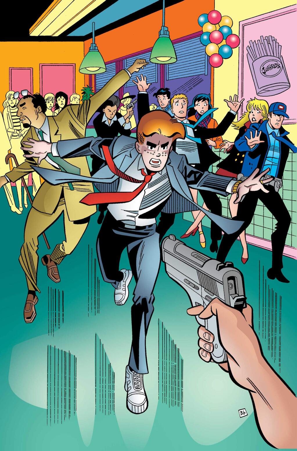 This photo provided by Archie Comics shows Archie in his final moments of life in the comic book, 'Life with Archie,' issue 37. Archie Andrews will die taking a bullet for his gay best friend. The famous freckle-faced comic book icon will die in the July 16, 2014 installment of 'Life with Archie' while intervening in the assassination of Kevin Keller, Archie Comics' first openly gay character. (AP Photo/Archie Comics)