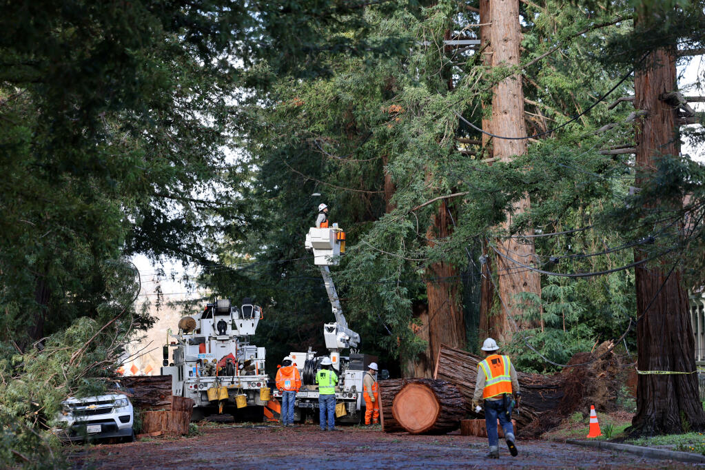 PG&E crews work to repair damaged power lines on Franklin Street in Napa, Monday, Feb. 5, 2024. (Beth Schlanker / The Press Democrat file)