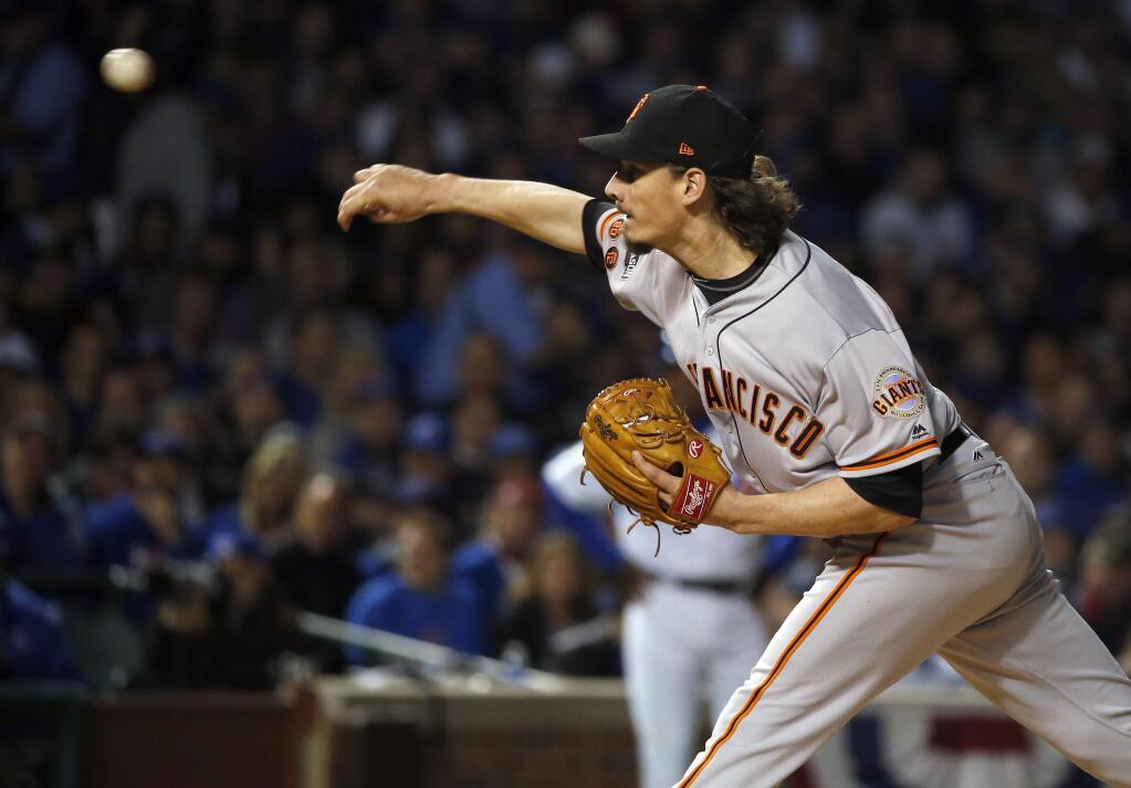 San Francisco Giants starting pitcher Jeff Samardzija throws in the first inning of Game 2 of the National League Division Series against the Chicago Cubs, Saturday, Oct. 8, 2016, in Chicago. (AP Photo/Nam Y. Huh)
