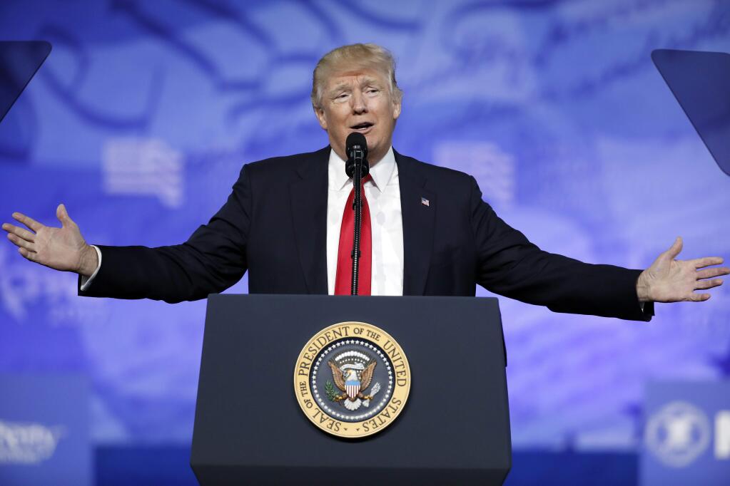 In this Feb. 24, 2017, photo, President Donald Trump speaks at the Conservative Political Action Conference (CPAC) in Oxon Hill, Md. Trump's first address to Congress gives him a welcome opportunity to refocus his young administration on the core economic issues that helped him get elected - and, his allies hope, to move beyond the distractions and self-inflicted wounds that have roiled his White House. (AP Photo/Alex Brandon)