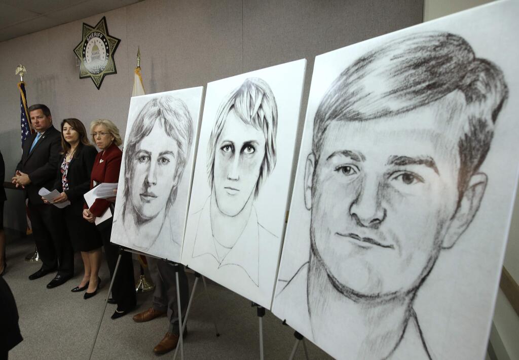 FILE - In this June 15, 2016, file photo, law enforcement drawings of a suspected serial killer believed to have committed at least 12 murders across California in the 1970's and 1980's are displayed at a news conference about the investigation, in Sacramento, Calif. The Sacramento County District Attorney's Office plans to make a 'major announcement' Wednesday, April 25, 2018, in the case of the elusive serial killer. (AP Photo/Rich Pedroncelli, File)