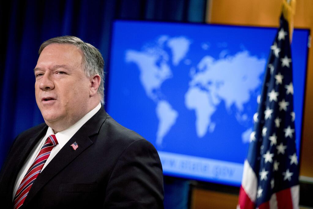 Secretary of State Mike Pompeo speaks at a news conference at the State Department, Wednesday, April 29, 2020, in Washington. (AP Photo/Andrew Harnik, Pool)
