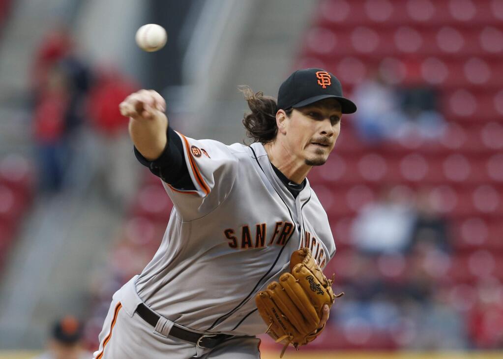San Francisco Giants starting pitcher Jeff Samardzija (29) throws against the Cincinnati Reds during the first inning of a baseball game, Tuesday, May 3, 2016, in Cincinnati. (AP Photo/Gary Landers)