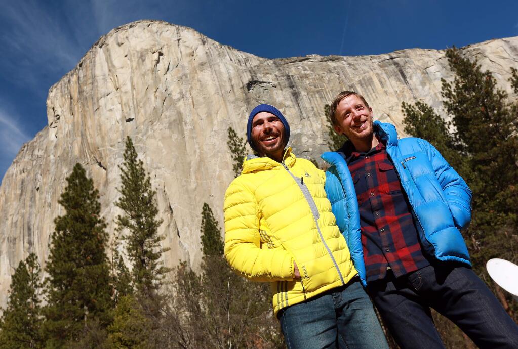 Kevin Jorgeson of Santa Rosa, left, and Tommy Caldwell of Estes Park, Colo., completed the first free climb of the Dawn Wall route of El Capitan in January. (JOHN BURGESS/ PD)