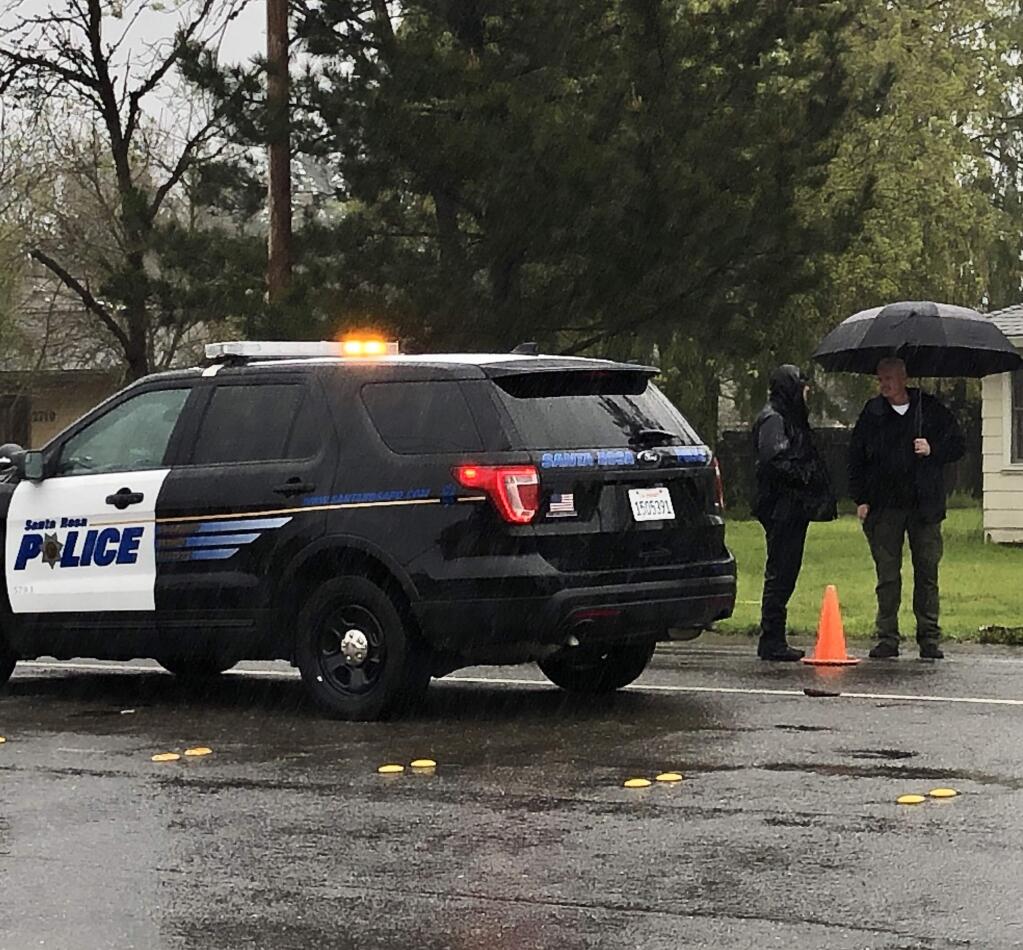 Santa Rosa police investigate a crash that killed a pedestrian on Stony Point Road on Wednesday, March 20, 2019. (BETH SCHLANKER/ PD)