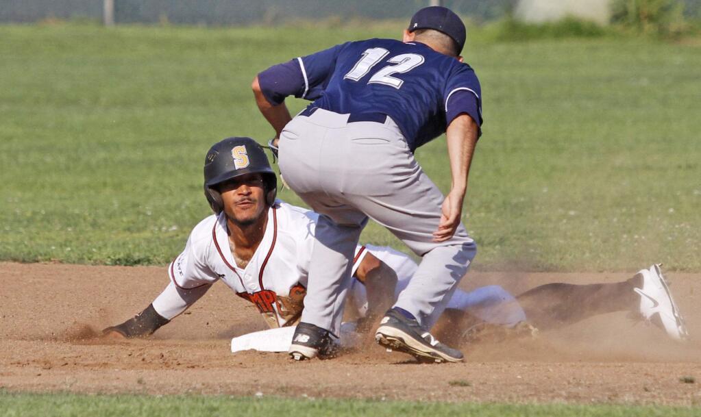 Bill Hoban/Index-TribuneStomper Matt Hibbert slides safely into second with a stolen base in the first inning of Sunday's game against the San Rafael Pacifics.