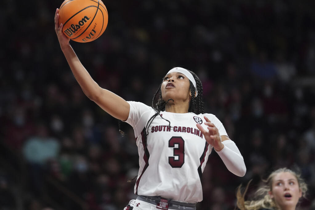 South Carolina guard Destanni Henderson (3) shoots during the second half of the team's NCAA college basketball game against Stanford on Tuesday, Dec. 21, 2021, in Columbia, S.C. (AP Photo/Sean Rayford)