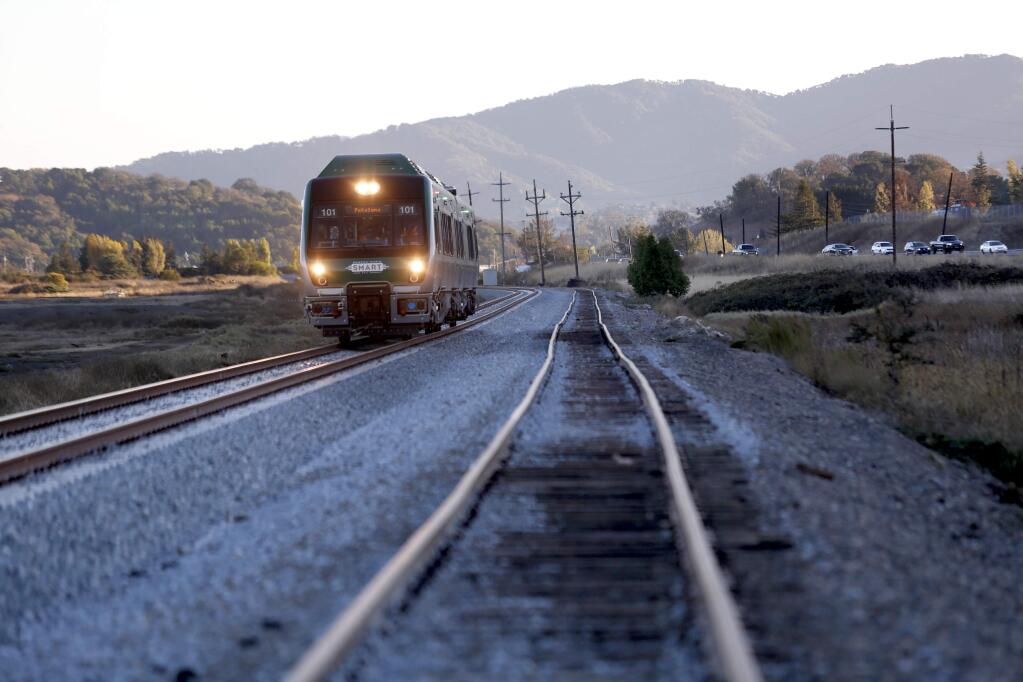 A SMART train runs along a section of track in Marin County during a test in 2015. (BETH SCHLANKER/ PD)