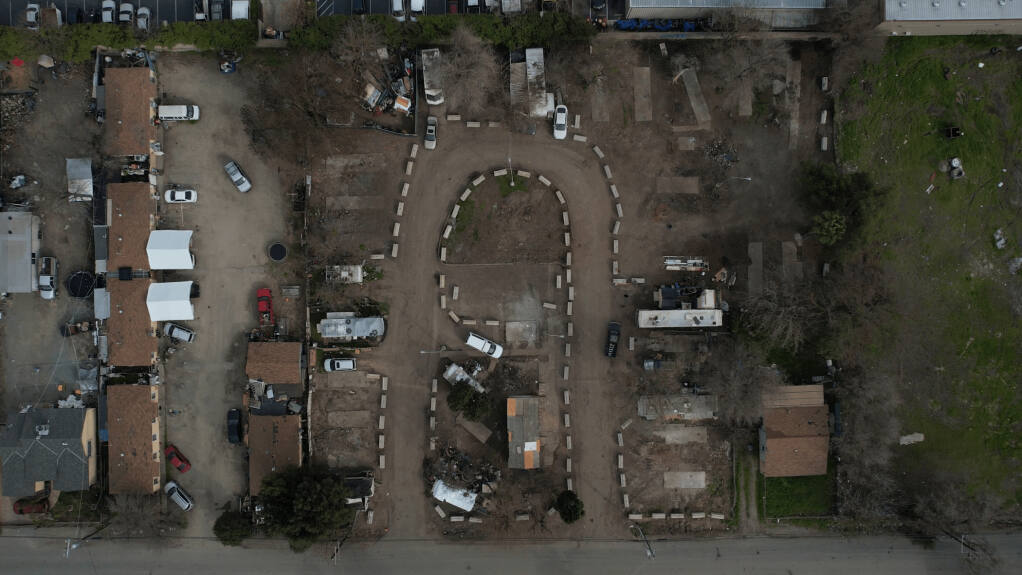 An aerial view of Stockton Park Village, a 34-space mobile home park in unincorporated San Joaquin County on Jan. 27, 2023. Photo by Miguel Gutierrez Jr., CalMatters