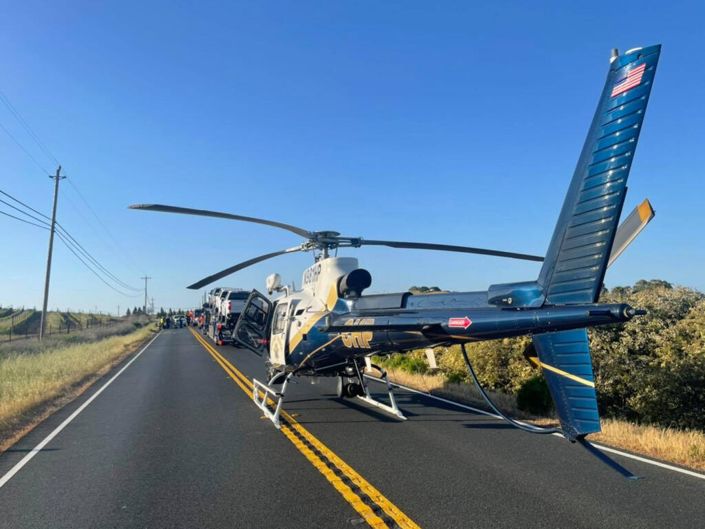 CHP H-30 rescue helicopter arrives at the scene of a two-vehicle accident on Wednesday, April 14, 2021, near Viansa winery. An injured driver was airlifted to a nearby hospital. (CHP Facebook)