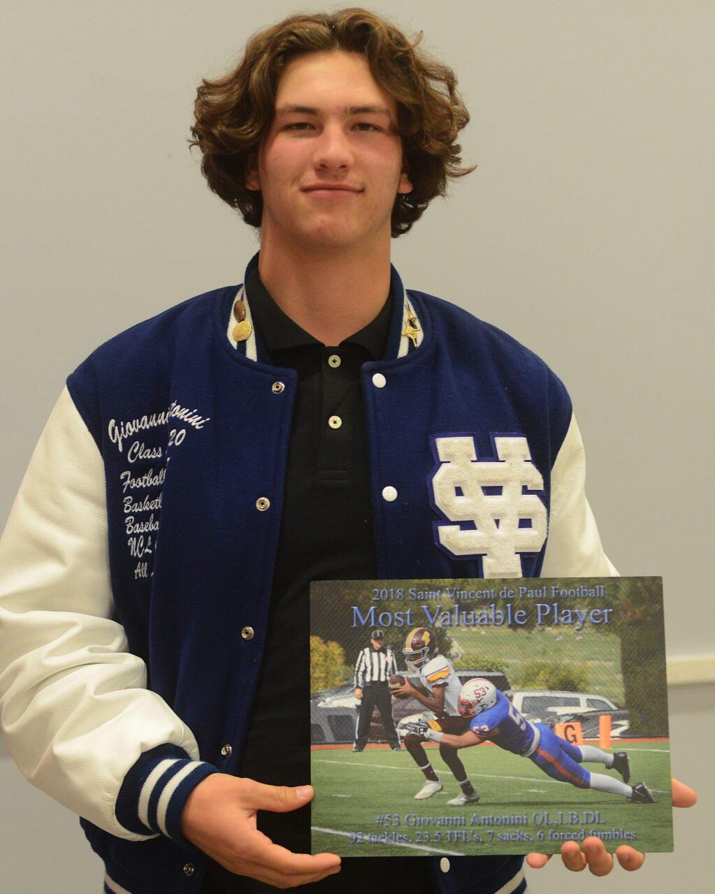 SUMNER FOWLER/FOR THE ARGUS-COURIERGio Antonini shared St. Vincent Most Valuable football honors with teammate AJ Fetter. Antonini was an outstanding offensive lineman and led the Mustangs in almost all defensive categories.